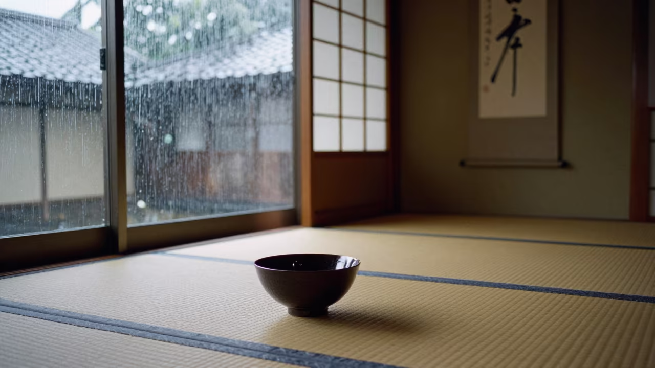 Tea Ceremony Bowl on Tatami with Hanging Scroll in in a quiet tearoom with shoji screens in Kyoto