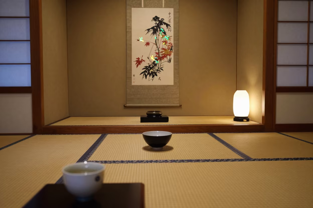 Tea Ceremony Bowl on Tatami Before Dawn in Osaka in beside a tokonoma alcove in a tea room in Tsuruhashi, Osaka