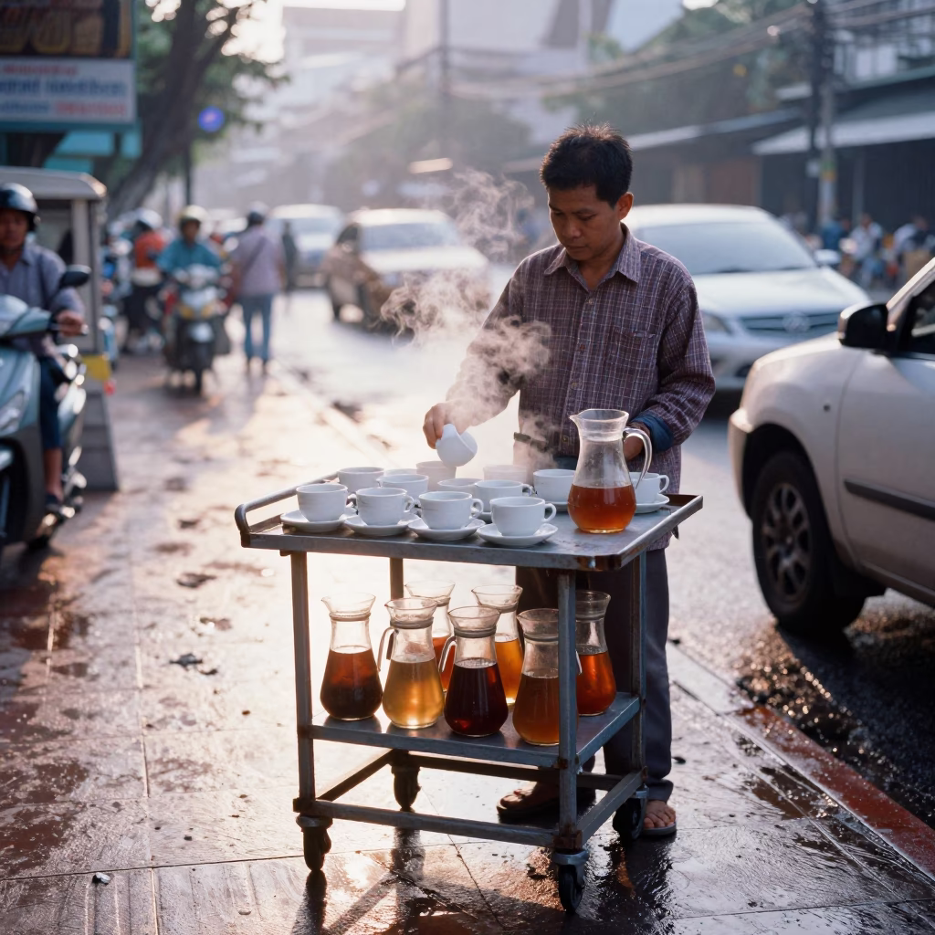 Tea Cups just after sunrise in Bangkok in in Bangkok, Thailand