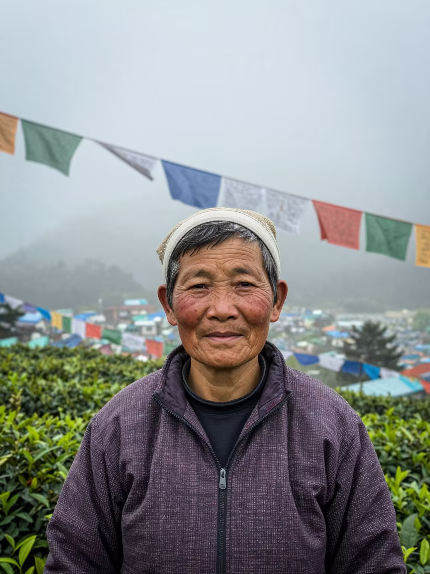 Tea Farmer Portrait in Busan Fog in beneath a line of prayer flags near Busan