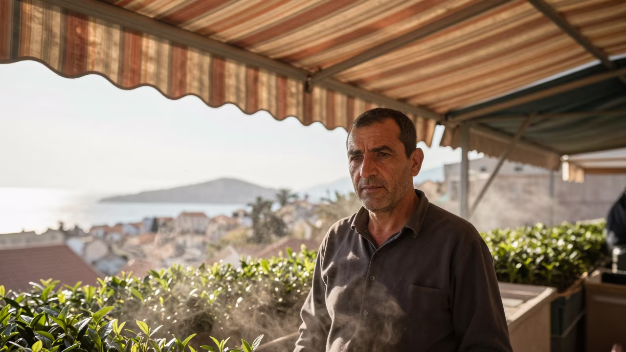 Tea Farmer Portrait Under Striped Awning Fog in under a striped market awning near Dubrovnik