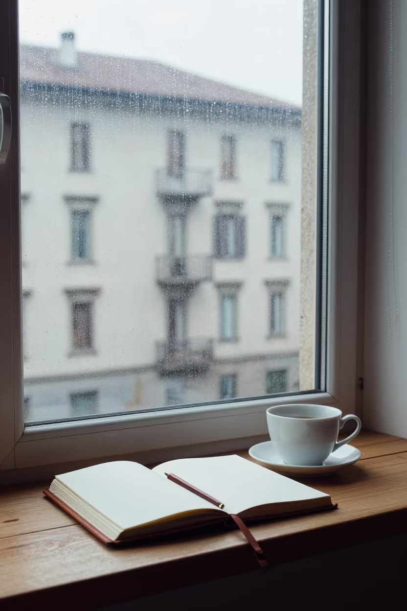 Tea and Journal by Rainy Milan Window in beside a rain-streaked window in Milan