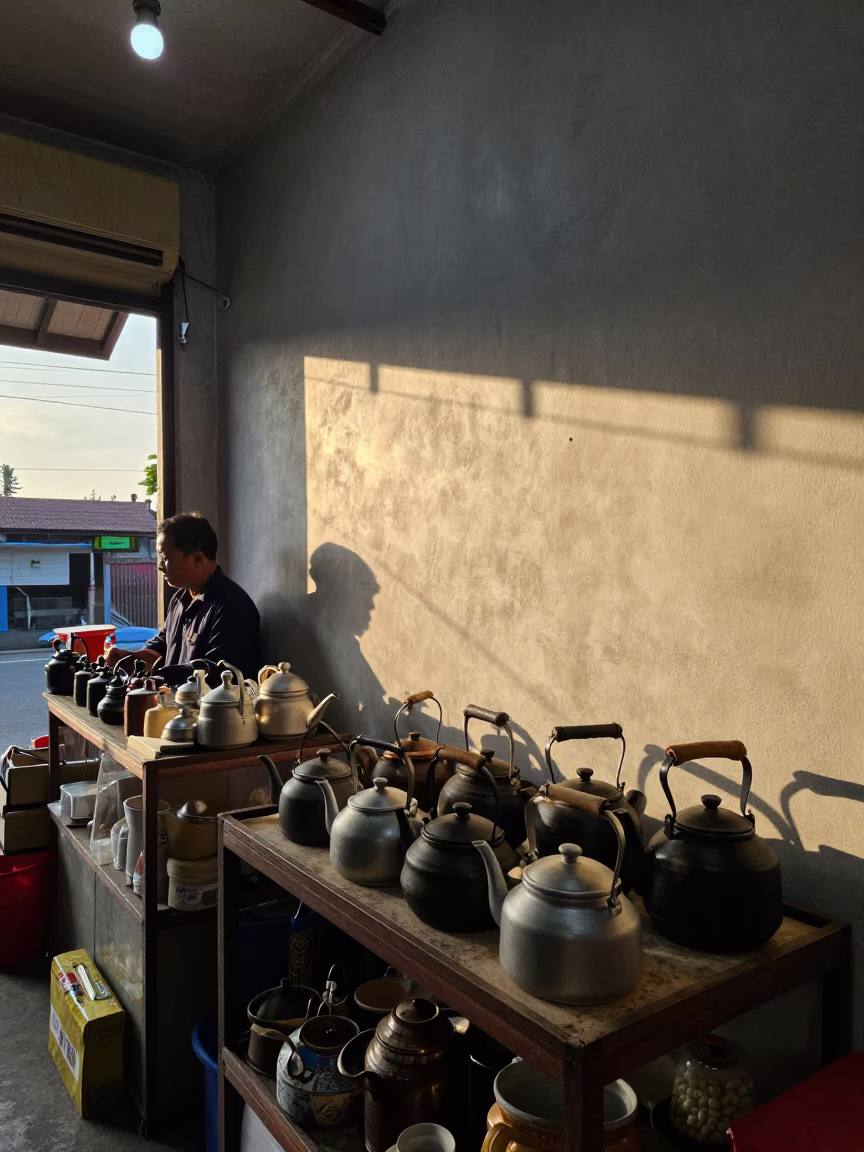 Tea Kettles in Yogyakarta at As The Sun Drops Toward The Horizon in in Yogyakarta, Indonesia