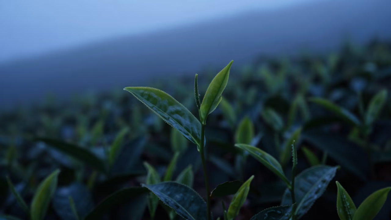 Tea Leaf Silhouette in Piedmont Blue Hour Mist in in a bloom-heavy meadow in Piedmont