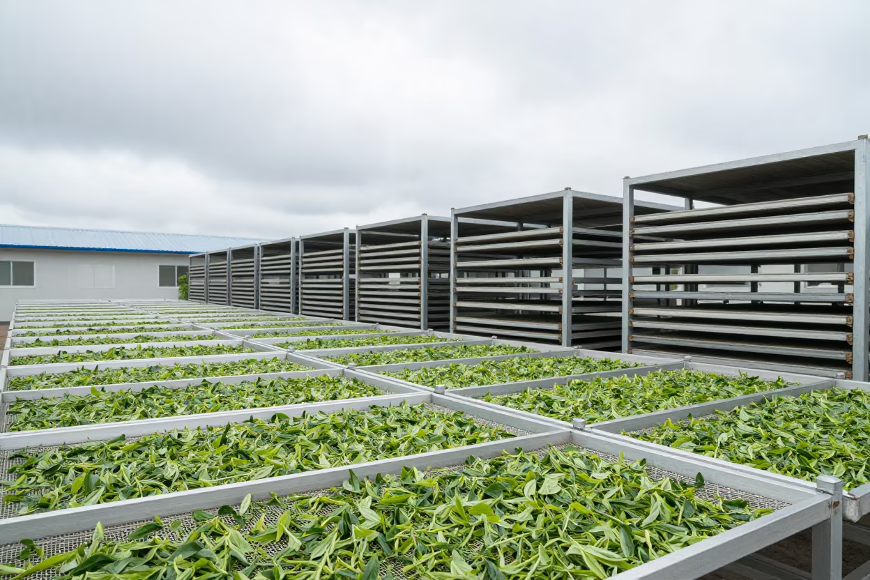Tea Leaves Wilting on Mesh Trays in Sacaba Factory in inside a leaf-drying room lined with mesh trays in Sacaba