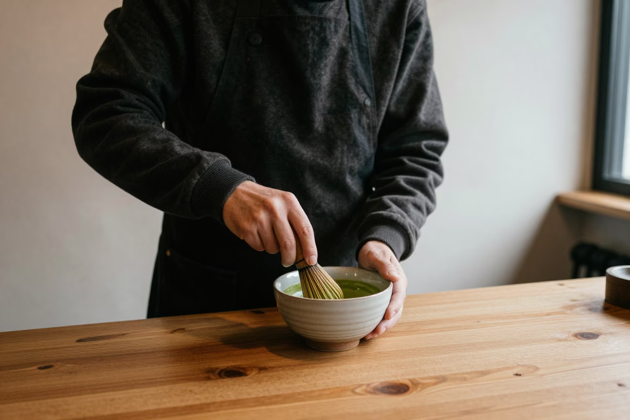 Tea Master Whisks Matcha in Lqliâa Winter Room in on a small cafe table by a window in Lqliâa