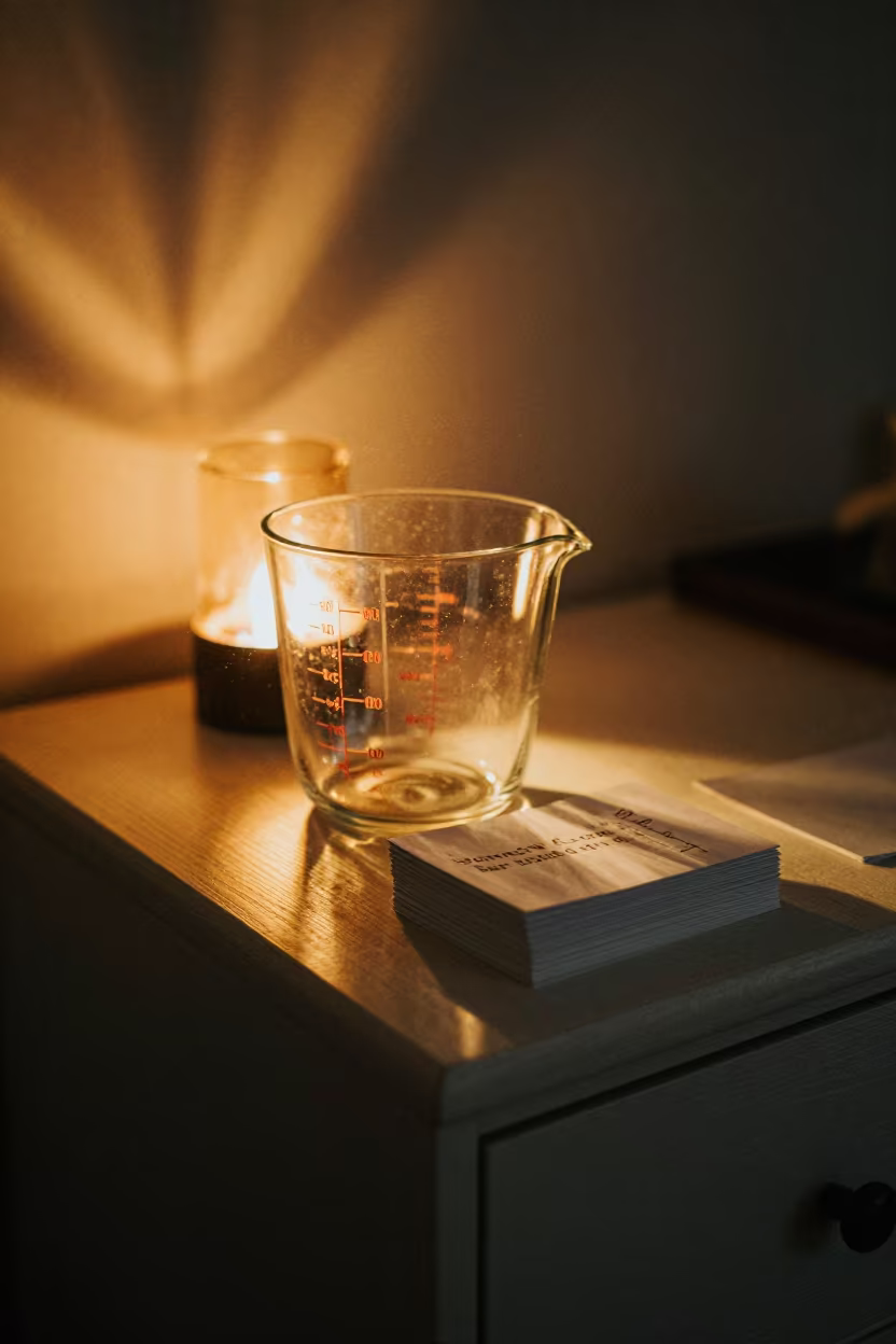 Tea Measure on Display Ledge Before Dawn in on a painted display ledge near Gorzów Wielkopolski