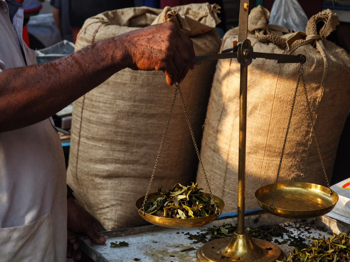 Tea Merchant Weighing Leaves on Brass Scale in in a flea market lane in Mancherial