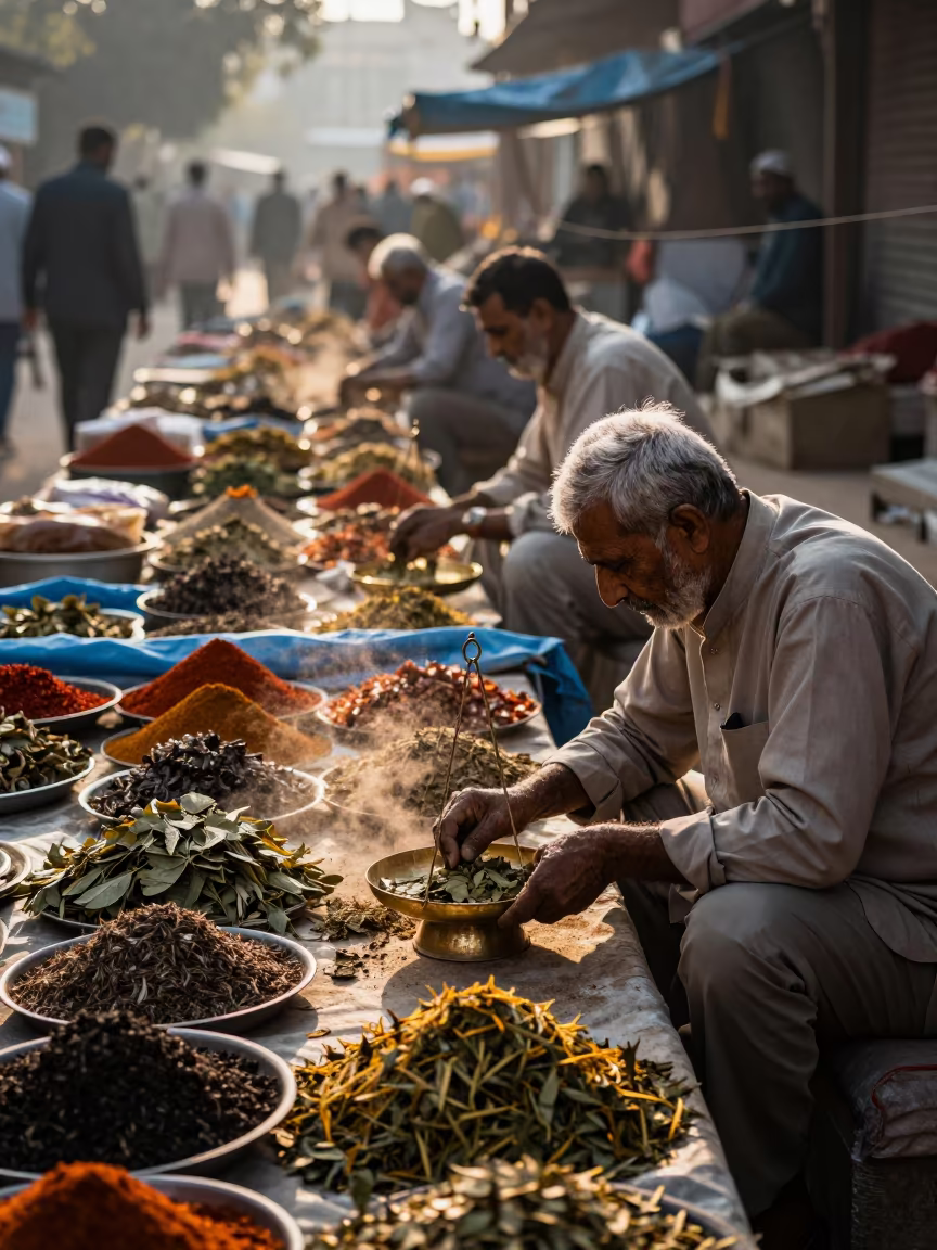 Tea Merchant Weighing Leaves at Dawn Bazaar in at a flower auction bench in Jhelum