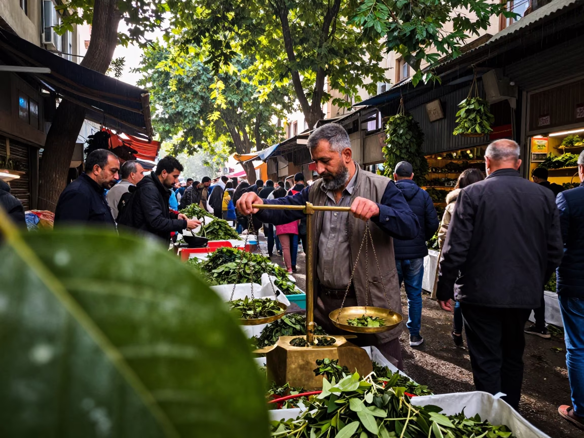 Tea Merchant Weighing Leaves in Samsun Bazaar in in a flea market lane in Samsun