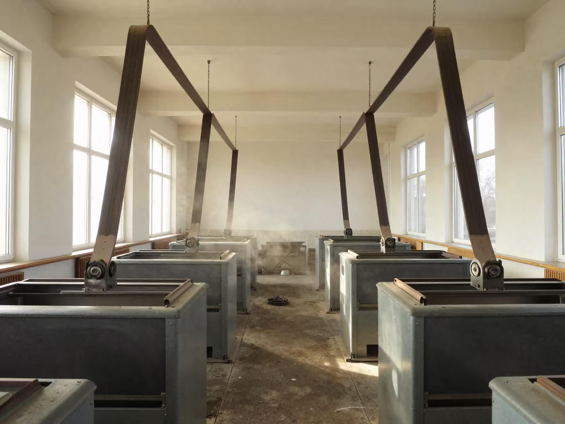 Tea Mill Interior Overhead Leather Belts Noon Light in inside a tea-processing hall in Slovakia