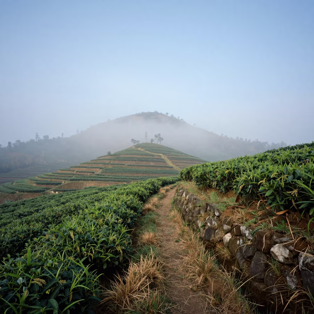 Tea Path Through Foggy Terraced Rice Paddies in among terraced rice paddies near Glodok, Jakarta