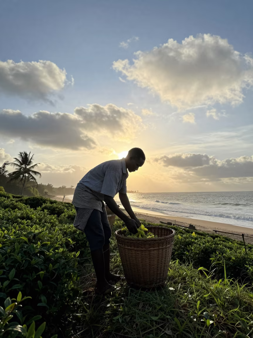 Tea Picker Filling Basket at Dawn Near Ado Ekiti in along a beach near Ado Ekiti