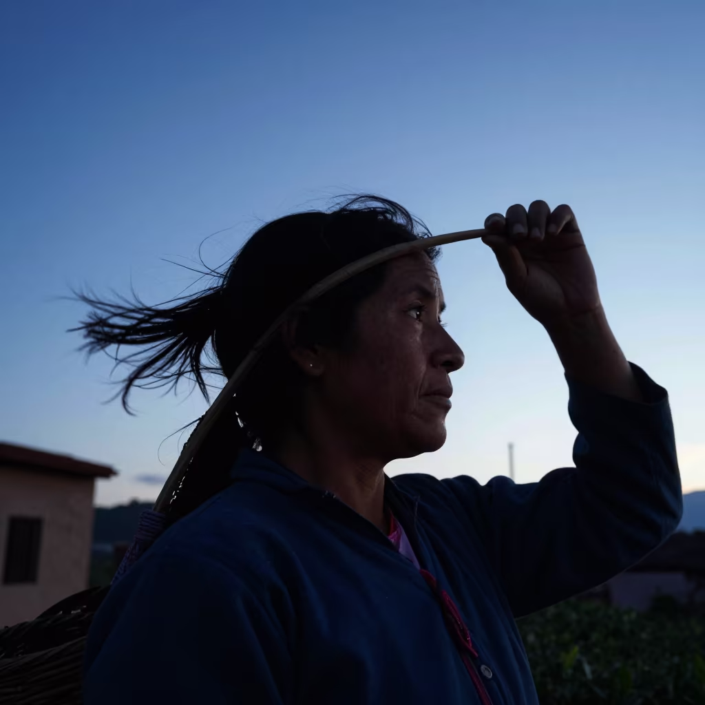 Silhouette of Tea Picker with Basket Strap at Blue Hour in along a windswept rooftop near Mixco