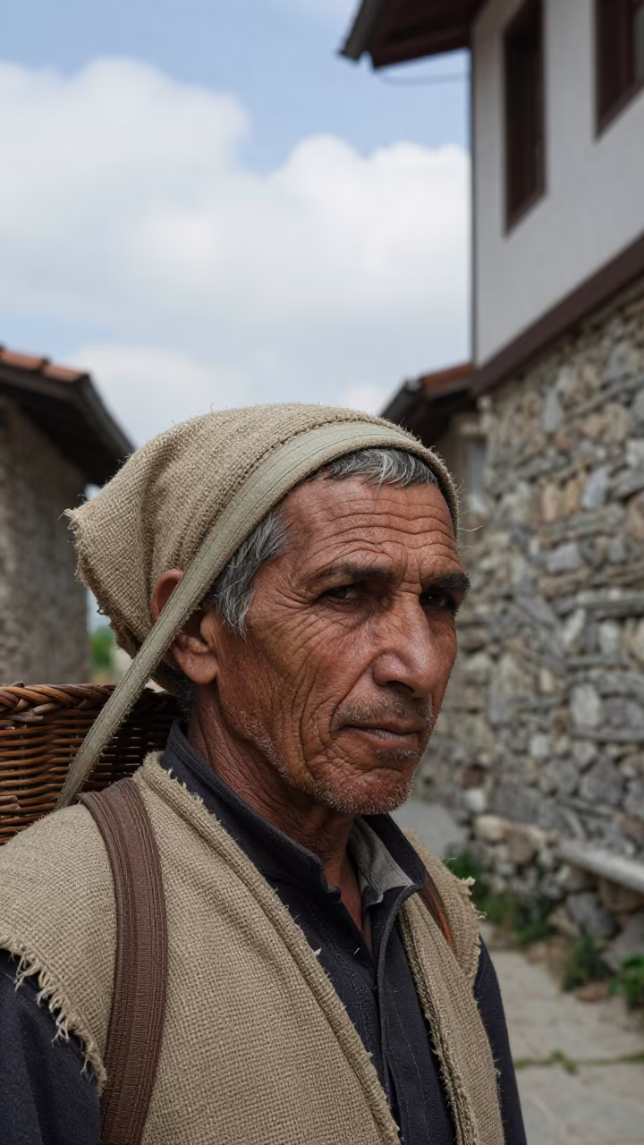 Tea Picker Face in Berat Stone Alley in in a narrow stone alley near Berat