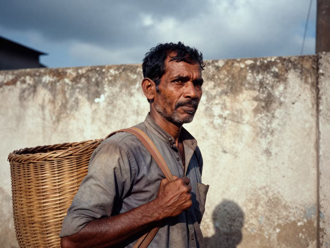 Tea Picker Face Copper Light Chennai Wall in against a sun-bleached plaster wall near Chennai