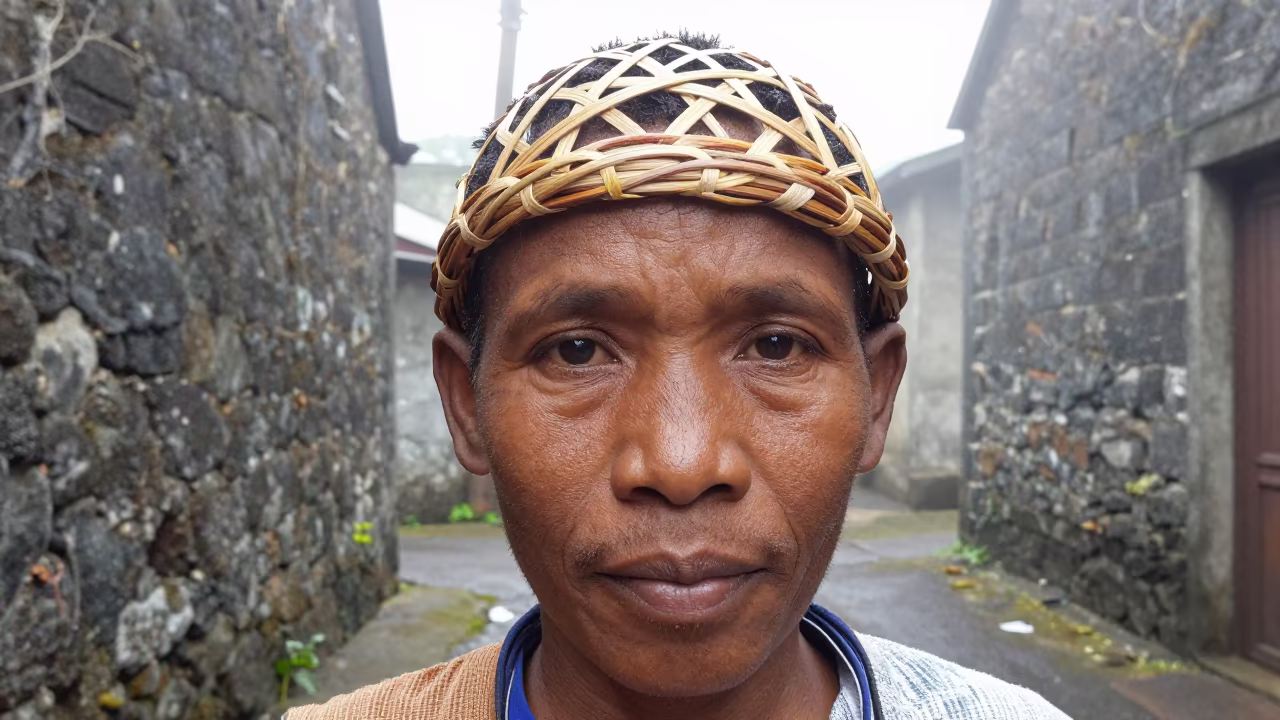 Tea Picker Forehead Basket Strap Portrait in in a narrow stone alley near Noumea