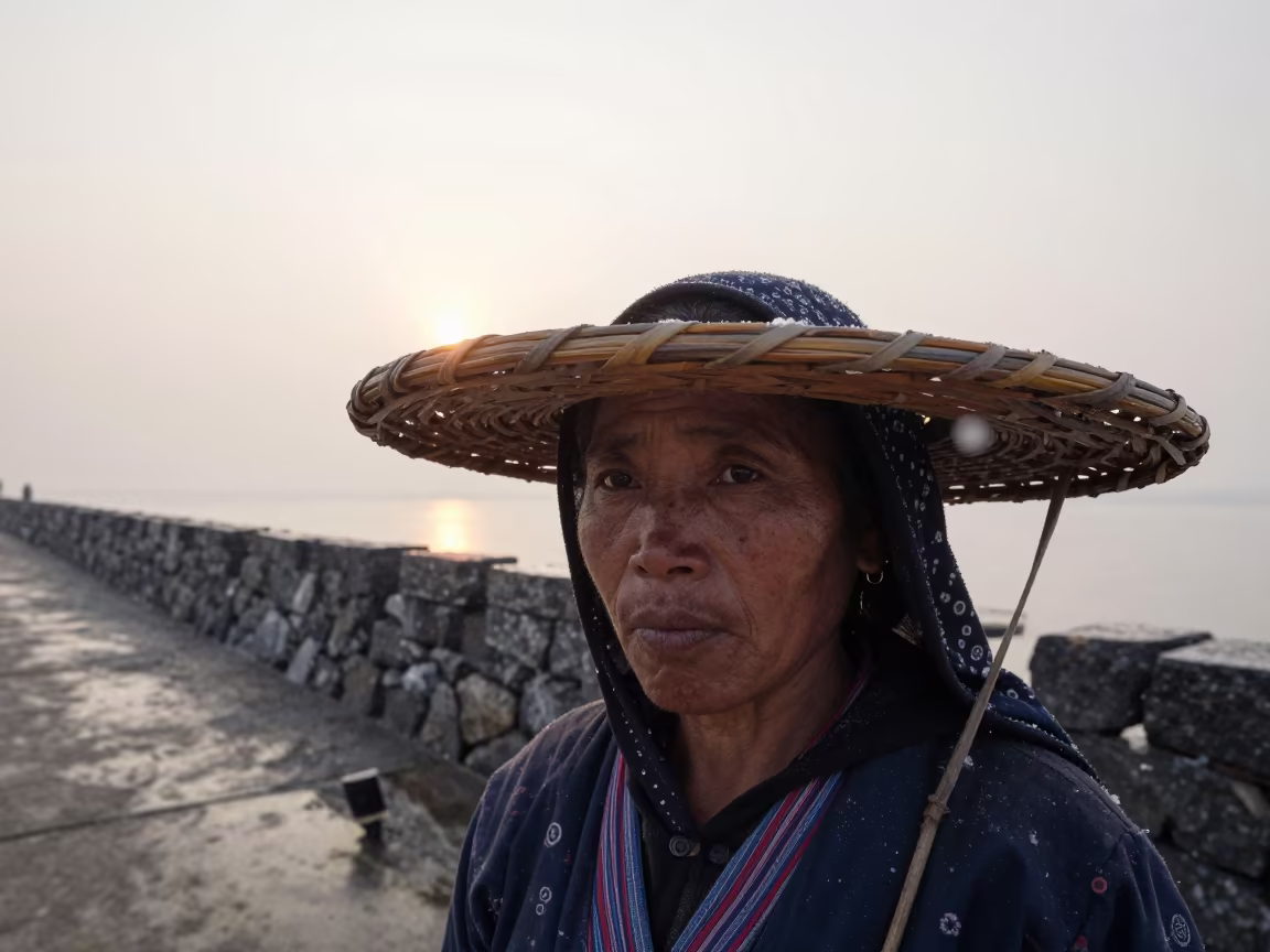 Tea Picker Forehead Strap Dawn Portrait in beside a harbor wall near York