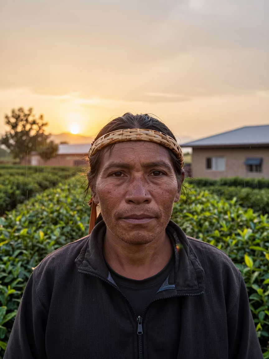 Tea Picker Sunset Portrait with Basket Strap in at the edge of a village square near Las Vegas