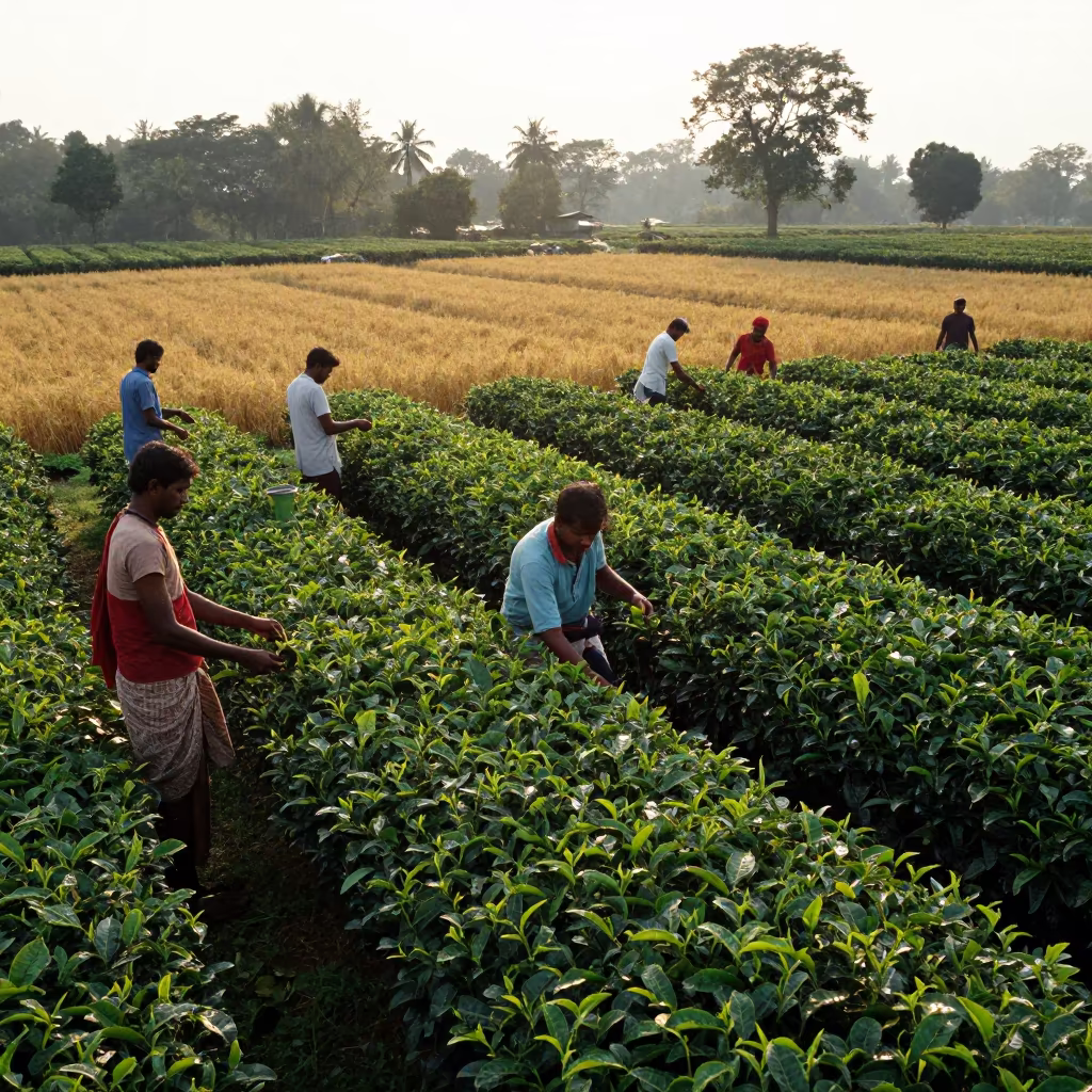 Tea Pickers in Evening Light Across Grain Field in across a harvested grain field in Tamil Nadu