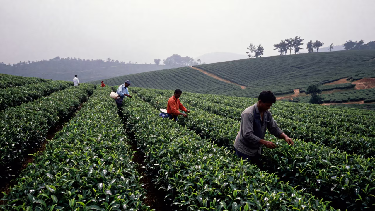 Tea Pickers in Morning Light at Kingston Plantation in along freshly irrigated rows near Kingston