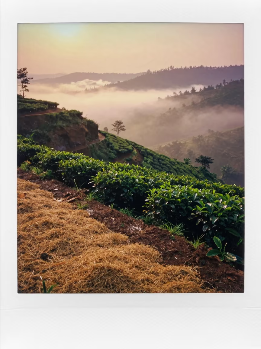 Tea Plantation Cliff Edge Above Cloud Valley Mist in across a harvested grain field in Tamil Nadu