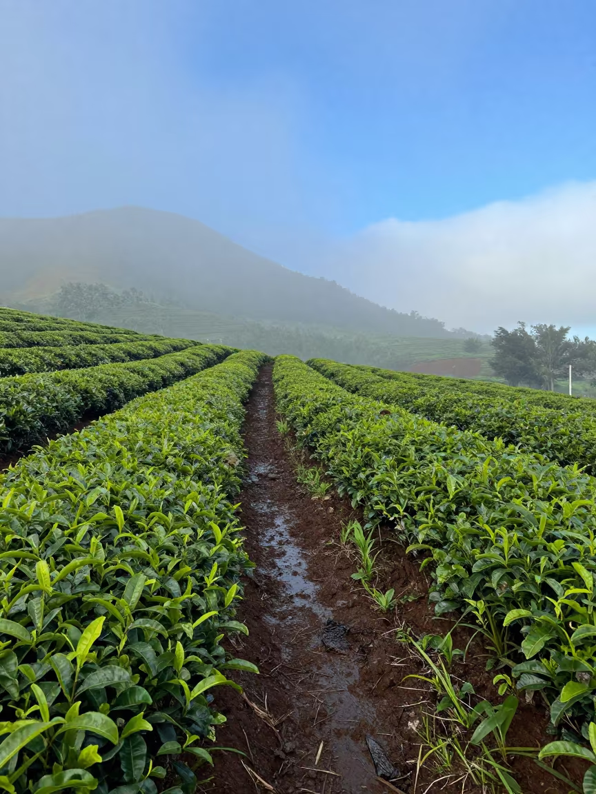 Tea Plantation Hillside After Rain in beside a tractor track through dark soil in Hawaii