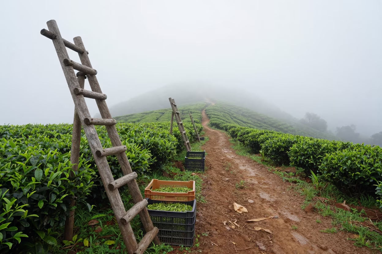 Tea Plantation Path Vanishing Into White Hill Fog in among orchard ladders and crates in Phnom Penh