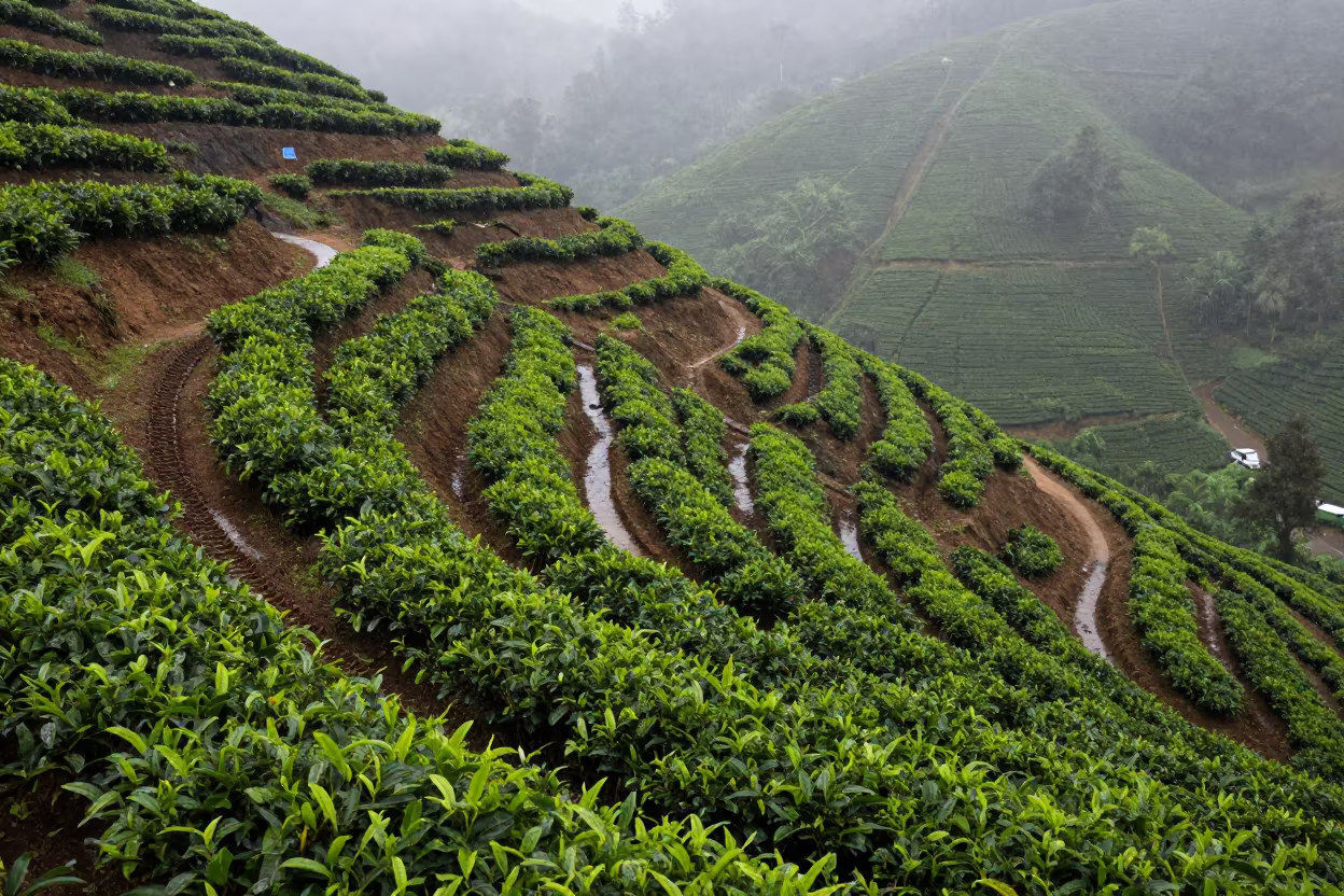 Tea Plantation Rows on Misty Hillside After Rain in beside a tractor track through dark soil in Chinatown, Kuala Lumpur