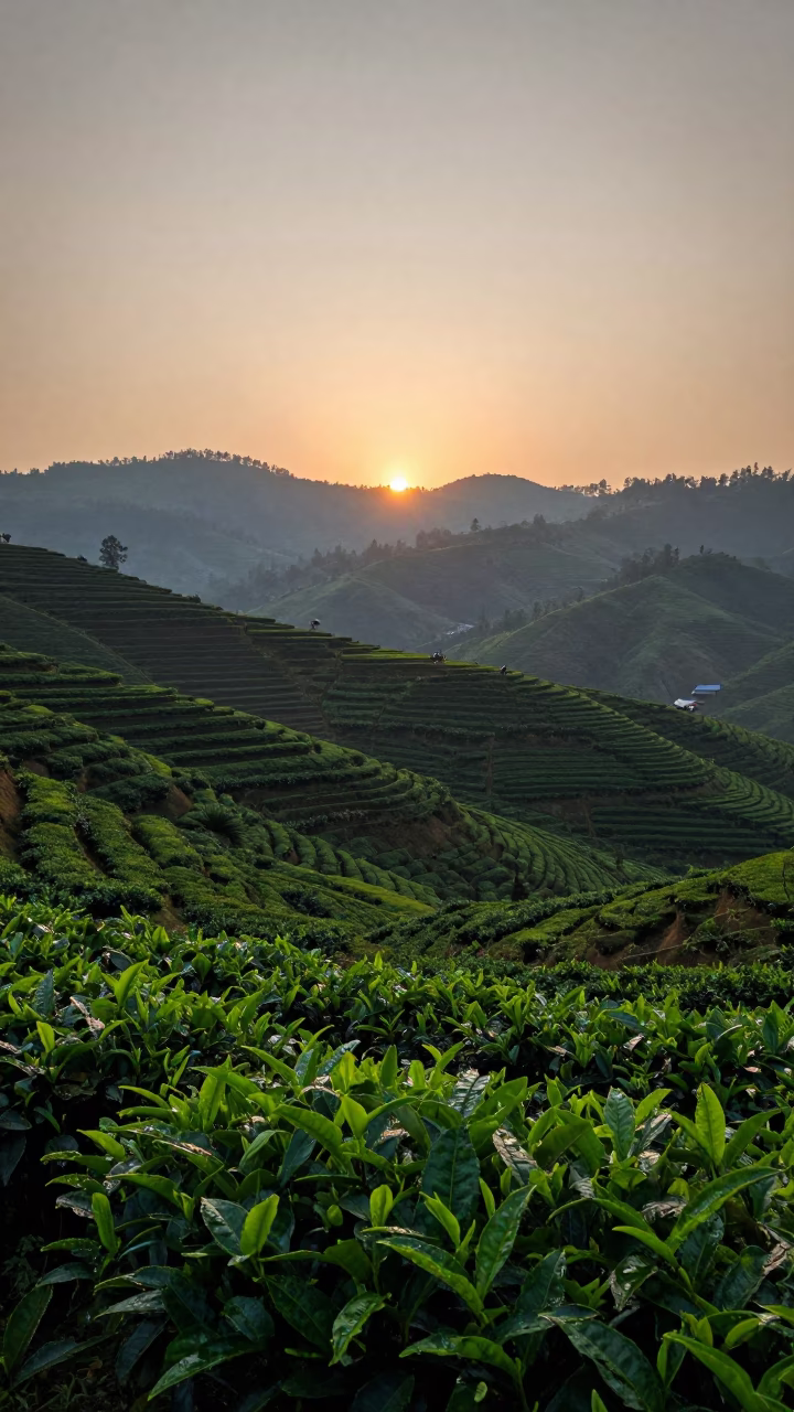Tea plantations on rolling hills before sunrise in among terraced rice paddies in the Himalayas