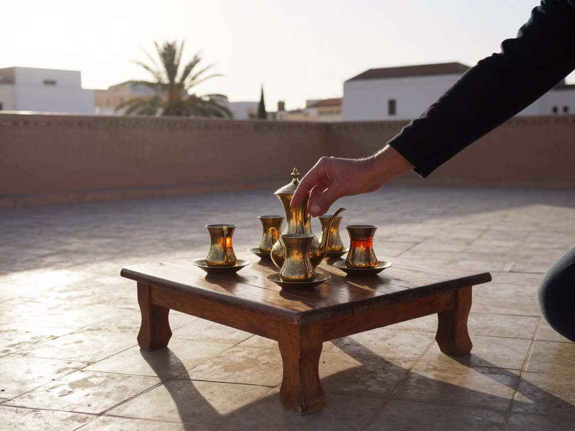 Tea Ritual in Casablanca at As First Light Reaches The Scene in in Casablanca, Morocco
