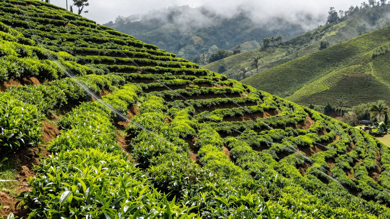 Tea Rows on Misty Colombian Hillside Noon Light in at the edge of a tea plantation in Colombia