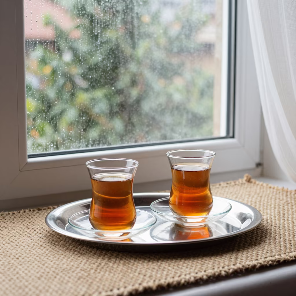 Tea on Rug Window Seat Rain Kayseri in on a window seat in Kayseri