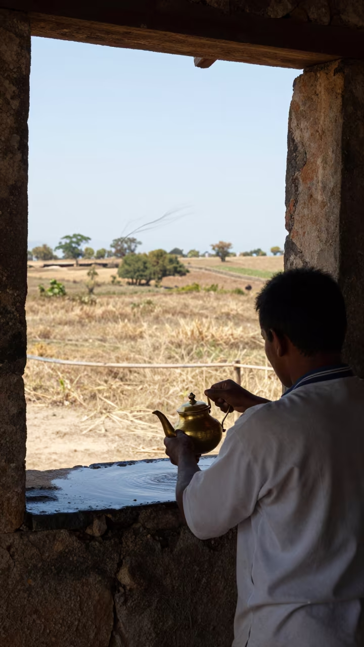 Tea Seller Brass Kettle Dry Season Light in near open fields near Valledupar
