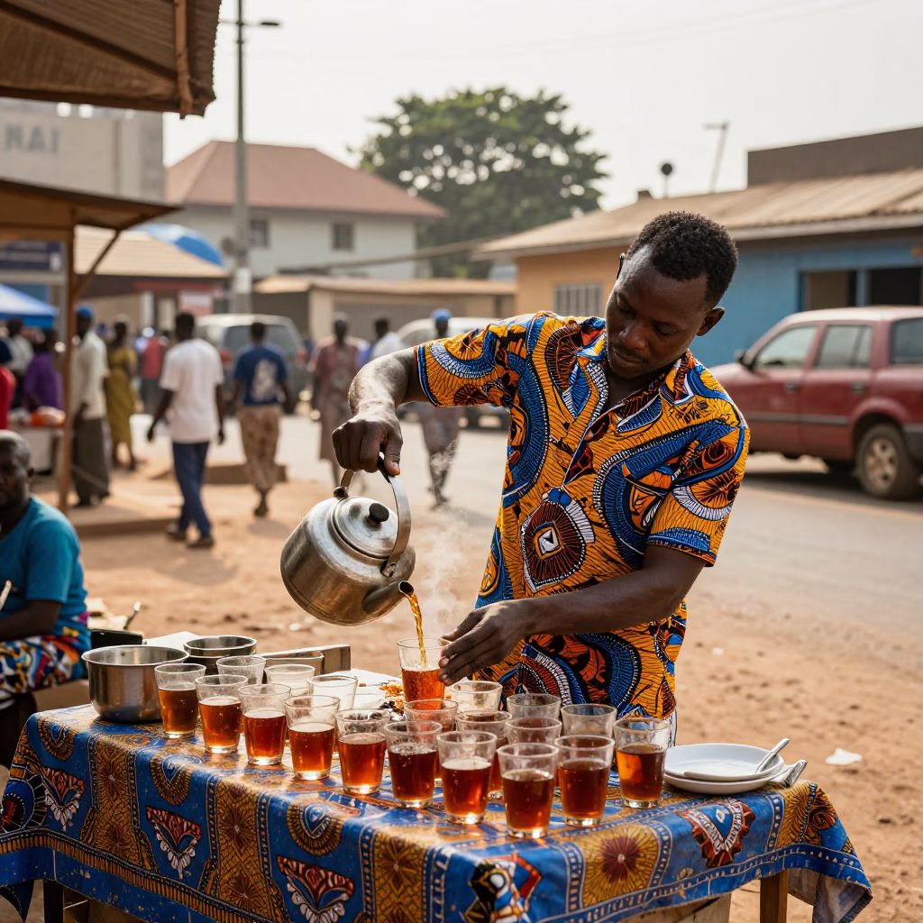 Tea Seller in Accra at As First Light Reaches The Scene in in Accra, Ghana