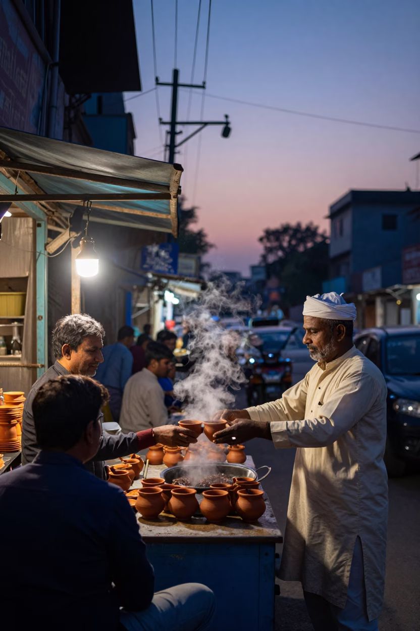 Tea Seller in Delhi at Indigo Twilight After Sunset in in Delhi, India