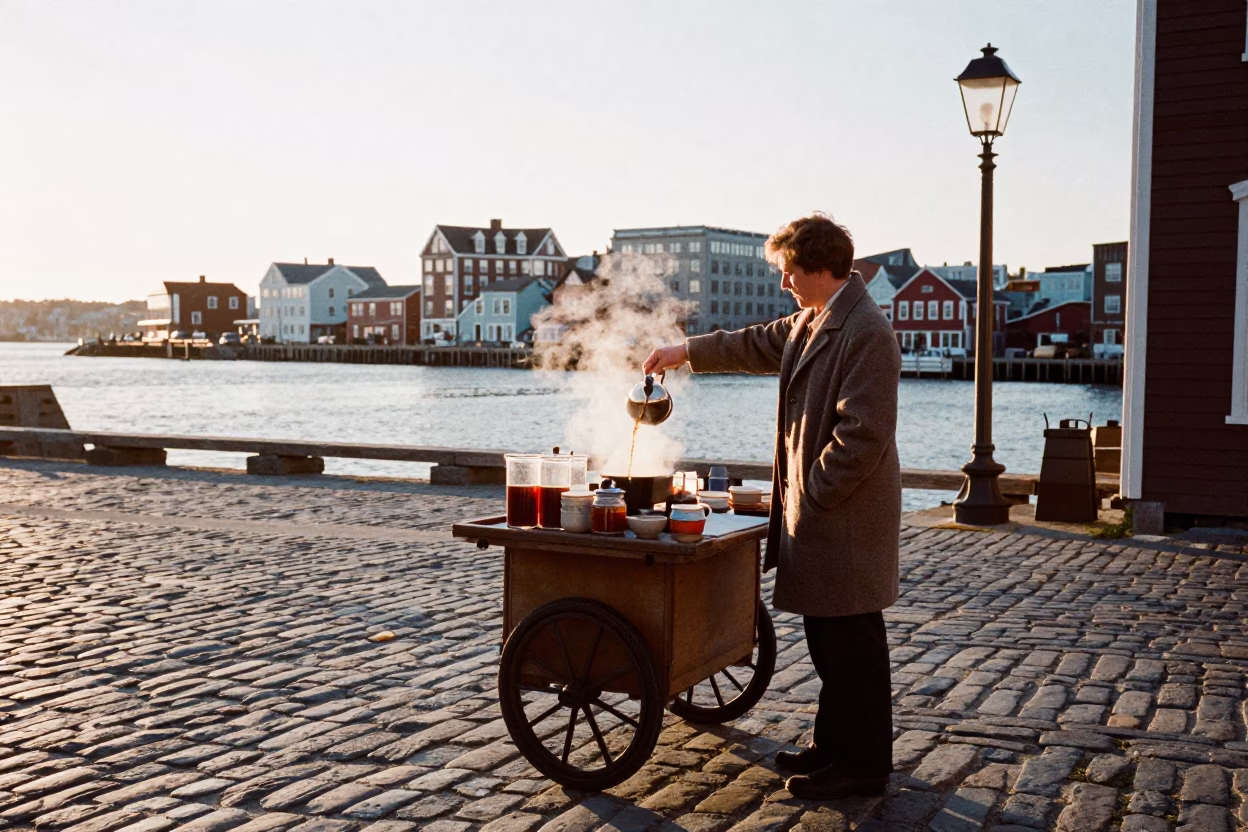 Tea Seller in Halifax at As First Light Reaches The Scene in in Halifax, Nova Scotia, Canada