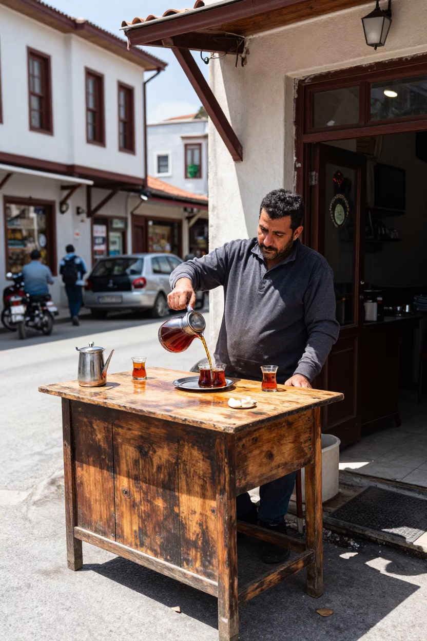 Tea Seller in Izmir at The Flat Glare Of Noon Light in in Izmir, Turkey