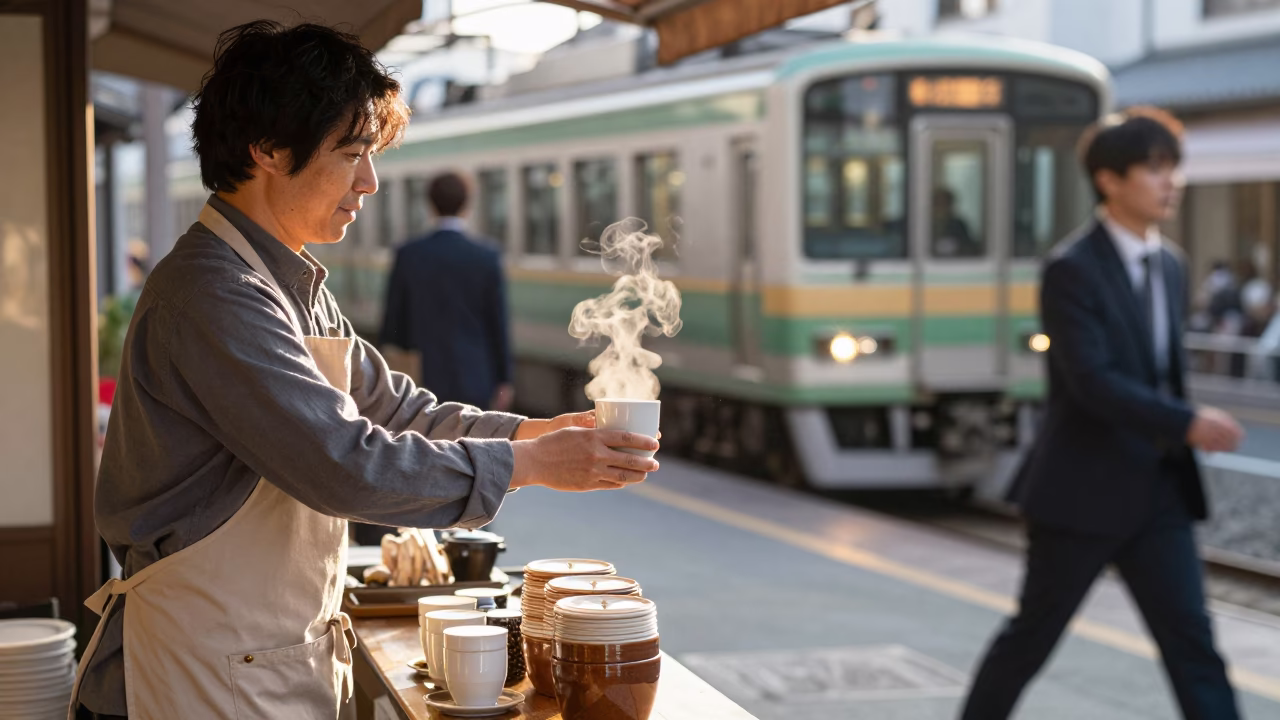 Tea Seller just after sunrise in Osaka in in Osaka, Japan