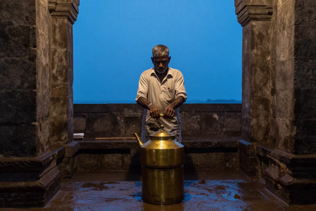 Tea Seller Paused by Brass Kettle at Patna Harbor in at a harbor quay near Patna
