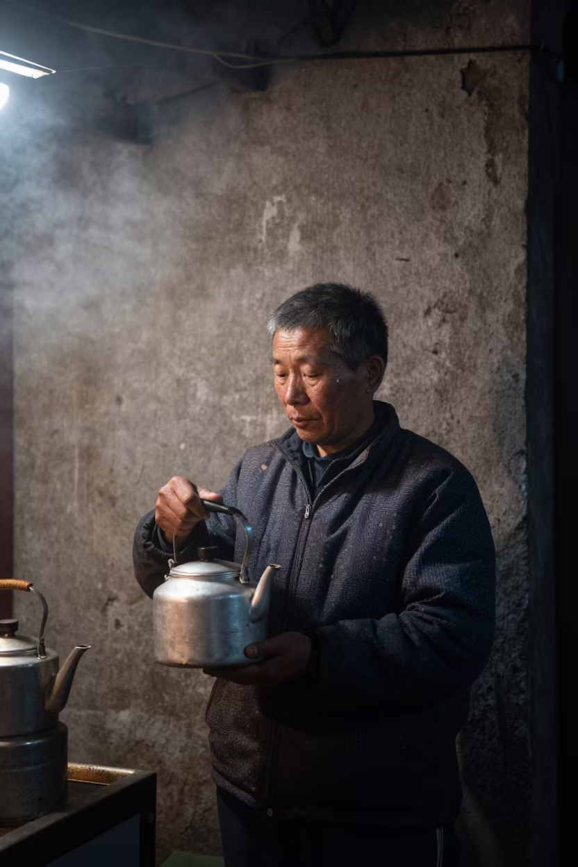 Tea Seller Portrait Neon Edge Light Mist in against a sun-bleached plaster wall near Tianjin