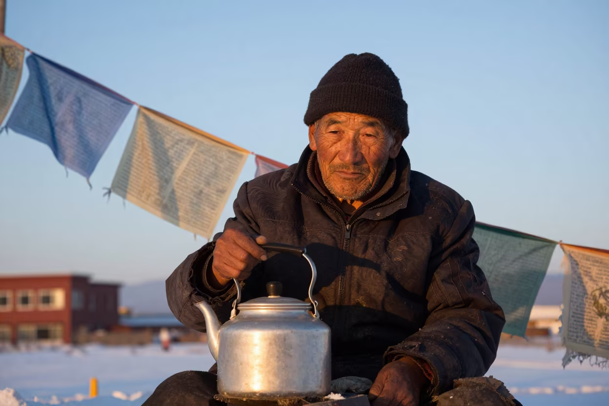 Tea Seller Portrait With Silver Kettle Under Prayer Flags in beneath a line of prayer flags near Hamilton