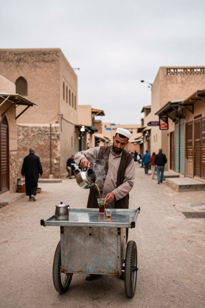 Tea seller pouring mint tea in Fez Morocco under overcast midday light in in Fez, Morocco