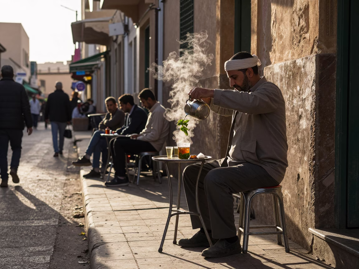 Tea Seller Pouring Mint Tea on Metal Stools in Casablanca Early Evening in in Casablanca, Morocco