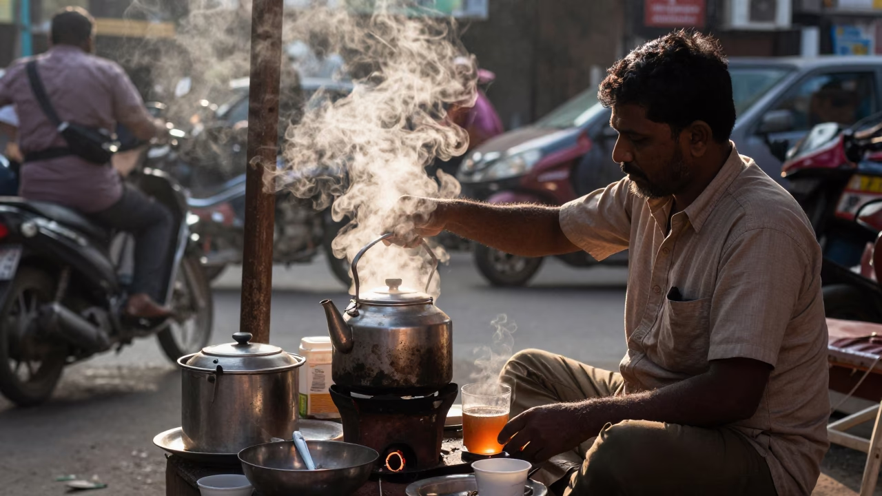 Tea Service at As First Light Reaches The Scene in Mumbai in in Mumbai, India
