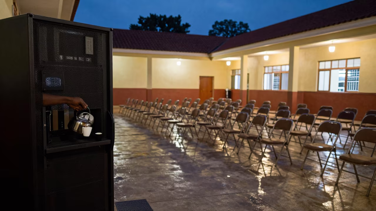 Tea Service in Brazzaville Civic Hall Twilight in inside a polling station gymnasium in Brazzaville
