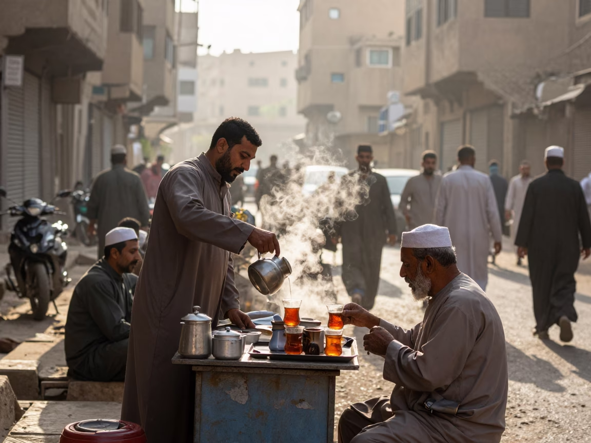 Tea Service in Cairo at As First Light Reaches The Scene in in Cairo, Egypt