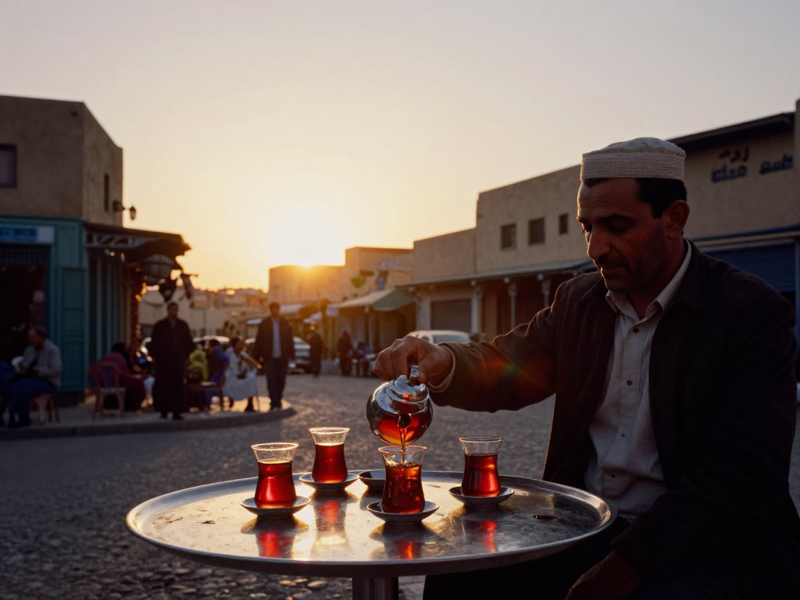 Tea Service in Fez at As The Sun Drops Toward The Horizon in in Fez, Morocco