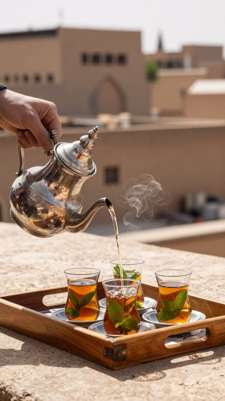 Tea Service in Fez at The Flat Glare Of Noon Light in in Fez, Morocco