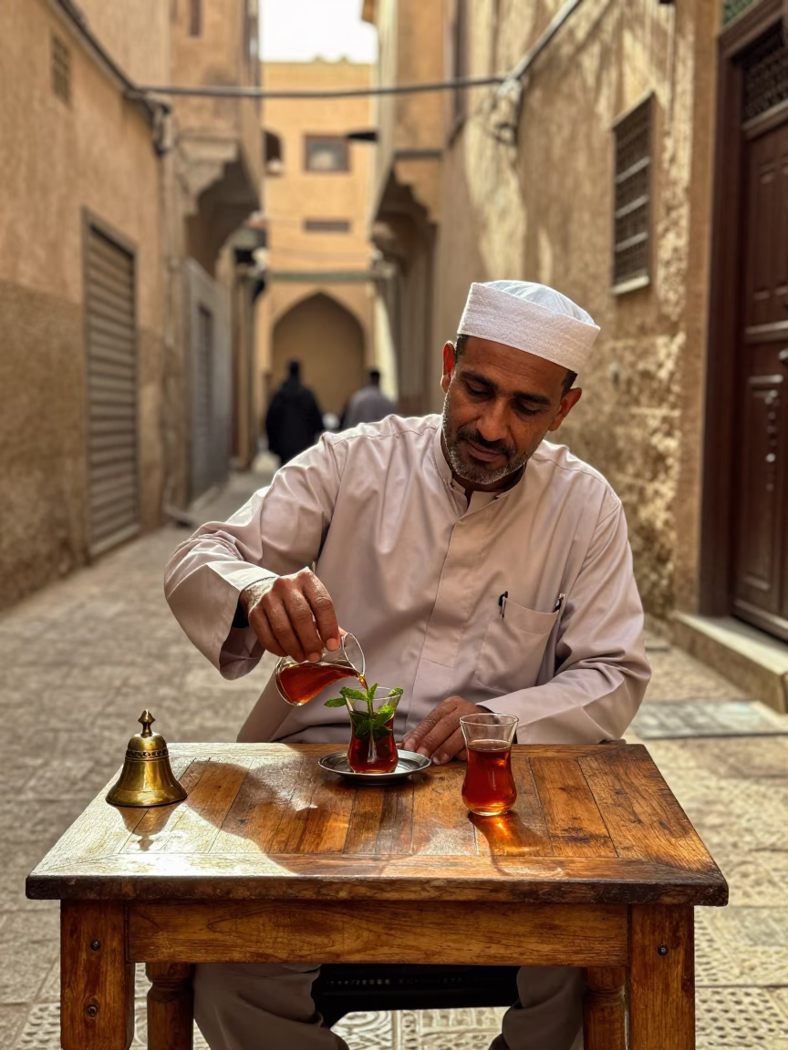 Tea Service in Fez at The Late Afternoon Light in in Fez, Morocco